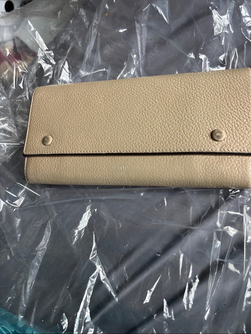 Celine Beige Pebbled Leather Fold-Over Wallet